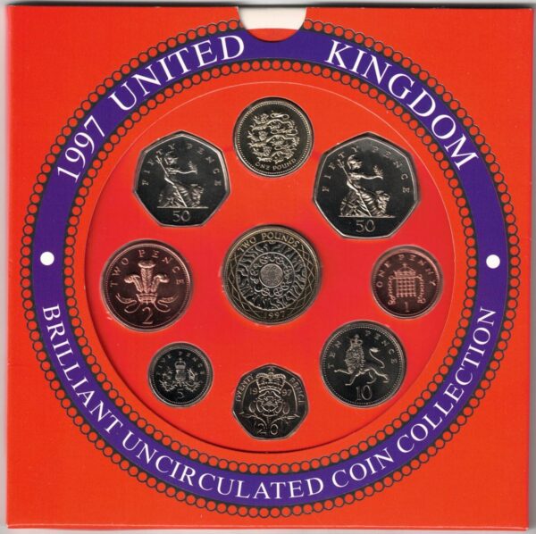 1997 Royal Mint Brilliant Uncirculated Nine Coin Set . This 1997 set comes with card outer. All coins are in stock for despatch