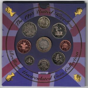 1998 Royal Mint Brilliant Uncirculated Nine Coin Set . This 1998 set comes with card outer. All coins are in stock for despatch