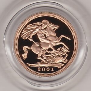 2001 gold proof half sovereign coin in capsule. This coin features Queen Elizabeth II on the obverse and St George and the dragon on the Reverse.