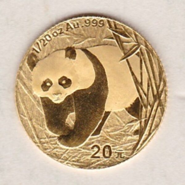 2002 China Gold Twentieth Ounce Panda Coin. The Gold Twentieth Ounce Panda coin was struck in 999 Fine Gold and weighs approx. 1.56 grams.