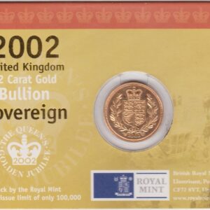 2002 gold sovereign coin featuring the fourth portrait of queen Elizabeth II on the Obverse & the unique golden jubilee reverse.