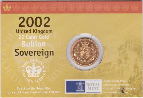 2002 gold sovereign coin featuring the fourth portrait of queen Elizabeth II on the Obverse & the unique golden jubilee reverse.