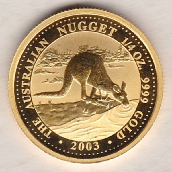 2003 Gold Australia Quarter Ounce Kangaroo coin. This investment gold coin features Queen Elizabeth II on the Obverse. The kangaroo on the Reverse.