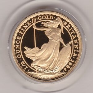 2004 Gold Proof Half Ounce Britannia coin featuring Queen Elizabeth II on the Obverse. The standing Britannia holding a trident features on the Reverse.