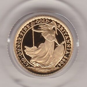 2004 Gold Proof Tenth Ounce Britannia coin featuring Queen Elizabeth II on the Obverse. The standing Britannia holding a trident features on the Reverse.