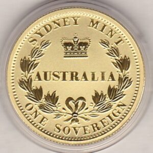 2005 Gold Proof Australia Sovereign coin. This coin features the portrait of Queen Elizabeth II on the obverse. The date and denomination on the reverse.