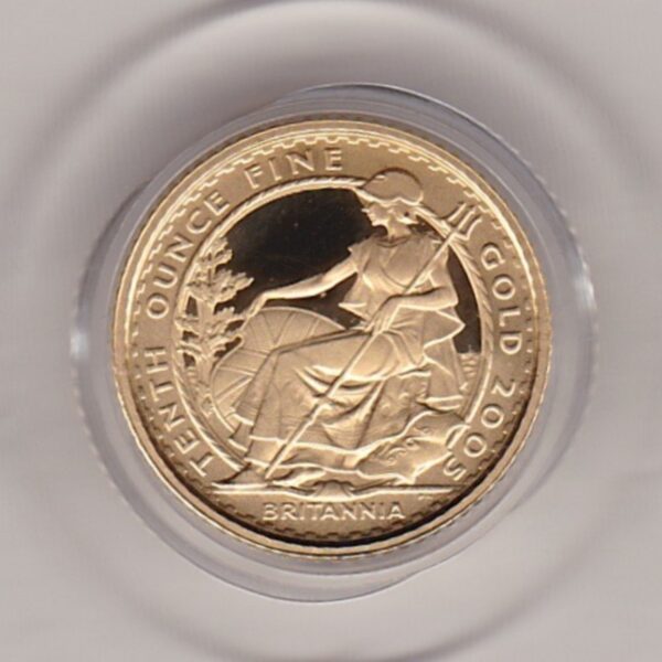 2005 Gold Proof Tenth Ounce Britannia coin featuring Queen Elizabeth II on the Obverse. The reverse features the seated figure of Britannia facing left.