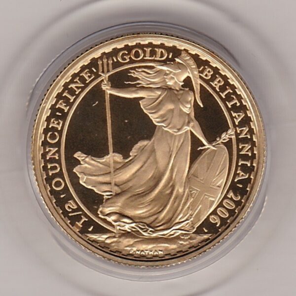 2006 Gold Proof Half Ounce Britannia coin featuring Queen Elizabeth II on the Obverse. The standing Britannia holding a trident features on the Reverse.