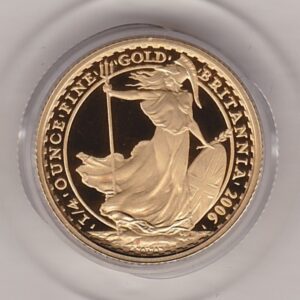 2006 Gold Proof Quarter Ounce Britannia coin features Queen Elizabeth II on the Obverse. Standing Britannia on the Reverse. Quarter ounce gold coin.