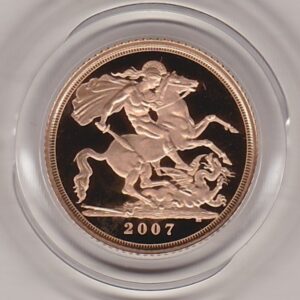 2007 gold proof half sovereign coin in capsule. This coin features Queen Elizabeth II on the obverse and St George and the dragon on the Reverse.