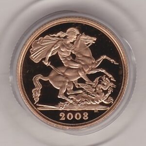 2008 Gold Proof Sovereign Coin. This coin features Queen Elizabeth II on the obverse and is the fourth portrait. George and the dragon reverse.