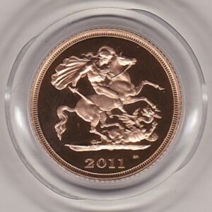 2011 gold proof half sovereign coin in capsule. This coin features Queen Elizabeth II on the obverse and St George and the dragon on the Reverse.