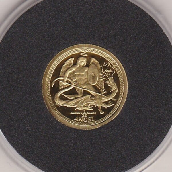 2015 Isle Of Man Proof Gold Twentieth Ounce Angel Coin. Queen Elizabeth II facing right on the obverse. The Archangel Michael and Dragon on the reverse.