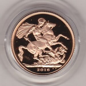 2016 Gold Proof Sovereign coin featuring the Butler effigy of queen Elizabeth II Obverse & St George and the Dragon Reverse. As issued by the royal mint.