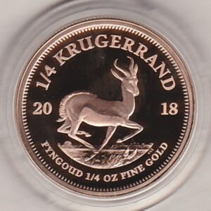 2018 South Africa Gold Proof Quarter Ounce Krugerrand coin featuring Paul Kruger on the Obverse. The springbok antelope is on the Reverse.