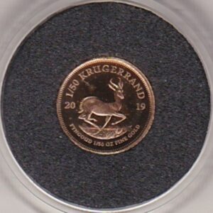 2019 South Africa Gold Proof Fiftieth Ounce Krugerrand coin featuring Paul Kruger on the Obverse. The springbok antelope is on the Reverse.