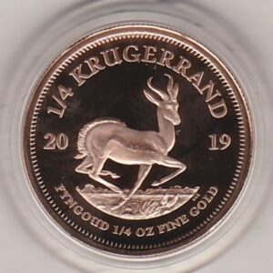 2019 South Africa Gold Proof Quarter Ounce Krugerrand coin featuring Paul Kruger on the Obverse. The springbok antelope is on the Reverse.