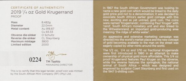2019 South Africa Gold Proof Quarter Ounce Krugerrand - Image 3