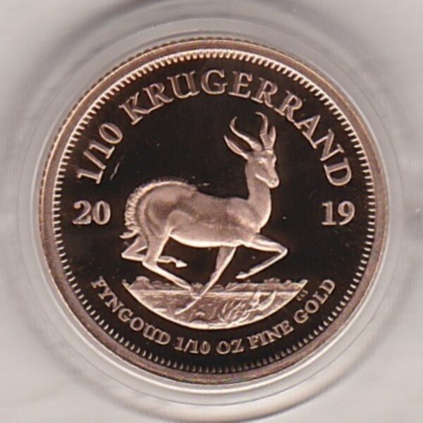 2019 South Africa Gold Proof Tenth Ounce Krugerrand coin featuring Paul Kruger on the Obverse. The springbok antelope is on the Reverse.