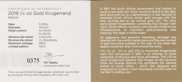 2019 South Africa Gold Proof Tenth Ounce Krugerrand - Image 3