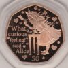 2021 Isle Of Man Gold Proof Fifty Pence Coin. The coin was issued to to commemorate Alice's adventures in wonderland. Boxed with certificate.