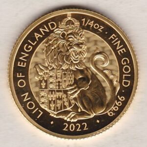 2022 Gold Quarter Ounce Lion Of England Coin. This coin features Queen Elizabeth II on the obverse. The Lion Of England on the reverse.