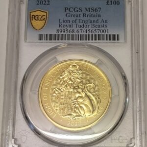 2022 Gold One Ounce Lion of England. This coin was issued as part of the Tudor Beasts series by the Royal Mint. One ounce gold coin.