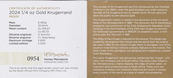 2024 South Africa Gold Proof Quarter Ounce Krugerrand - Image 3