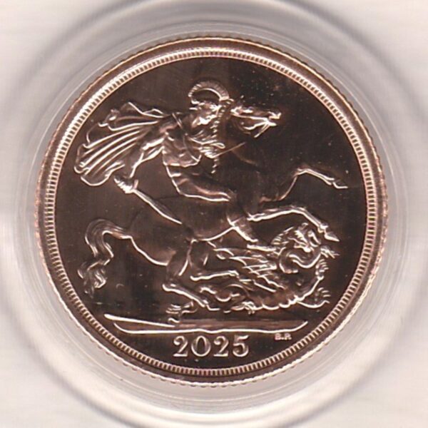 2025 Gold Sovereign Coin. The obverse features the portrait of King Charles III. St. George slaying the dragon on the reverse.