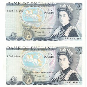 B343 & B345 Somerset Five Pounds banknotes. Blue-Black on multicolour underprint. The obverse features Elizabeth II. The reverse features Arthur Wellesley.