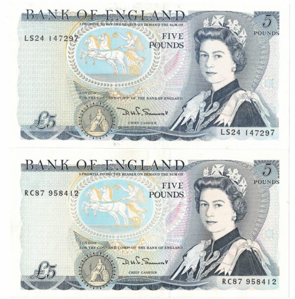 B343 & B345 Somerset Five Pounds banknotes. Blue-Black on multicolour underprint. The obverse features Elizabeth II. The reverse features Arthur Wellesley.