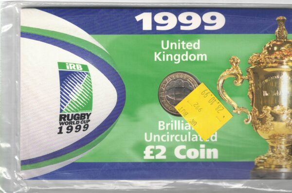 Sealed 1999 Royal Mint Rugby World Cup Two Pounds featuring Elizabeth II on the obverse. All coins are in stock for despatch.