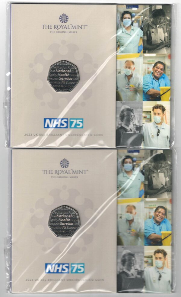 Two 2023 Royal Mint Fifty Pence Coins NHS cupro nickel coins. All coins are in stock for despatch. You are buying two fifty pence coins.