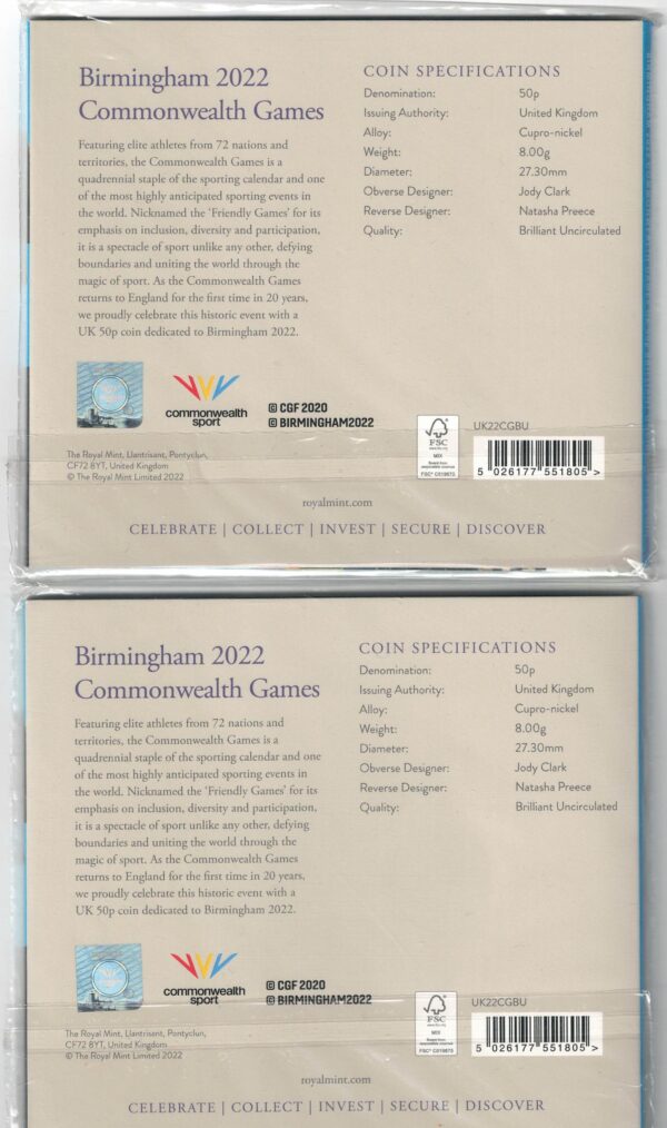 Two 2022 Royal Mint Fifty Pence Coins Birmingham Commonwealth Games - Image 2