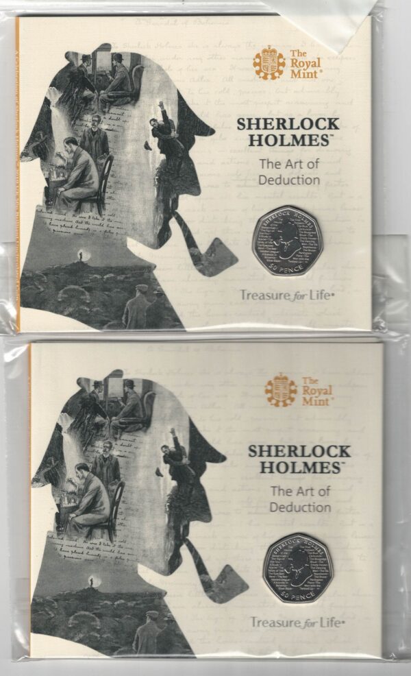 Two 2019 Royal Mint Fifty Pence Coins Sherlock Holmes cupro nickel coins. All coins are in stock for despatch. You are buying two fifty pence coins.