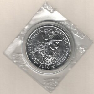 2010 Silver Britannia One Ounce Coin. The coin contains one ounce of fine silver. Elizabeth II is on the obverse facing right.