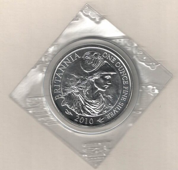 2010 Silver Britannia One Ounce Coin. The coin contains one ounce of fine silver. Elizabeth II is on the obverse facing right.