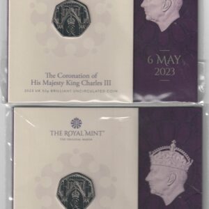 Two 2023 Royal Mint Fifty Pence Coins King Charles III Coronation. All coins are in stock for despatch. You are buying two fifty pence coins.