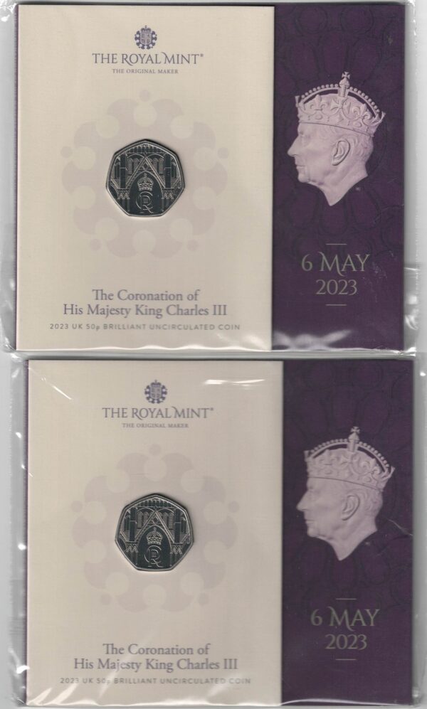 Two 2023 Royal Mint Fifty Pence Coins King Charles III Coronation. All coins are in stock for despatch. You are buying two fifty pence coins.