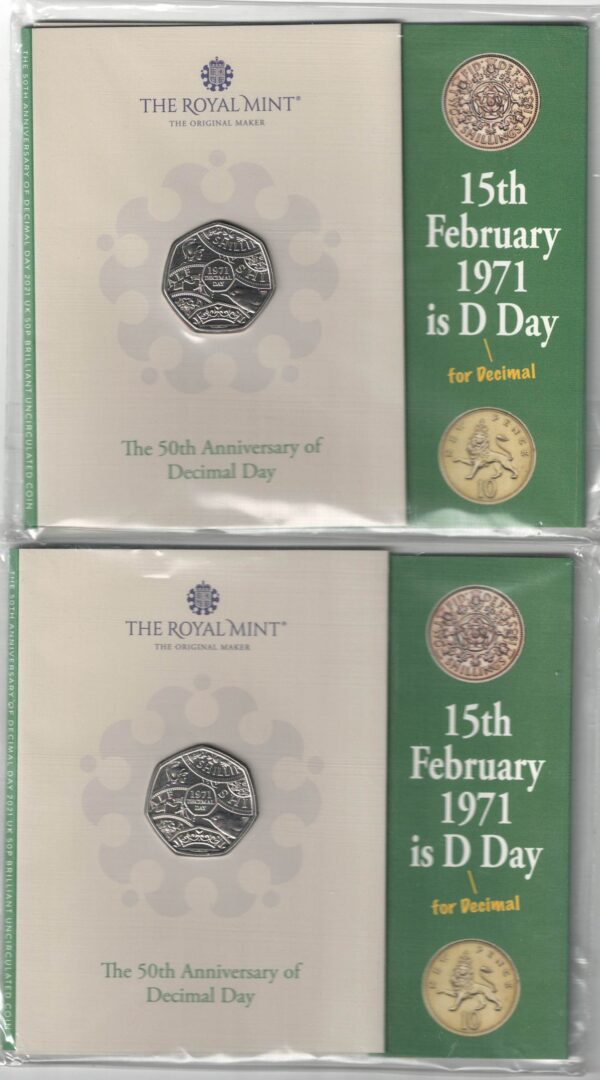 Two 2021 Royal Mint Fifty Pence Coins Decimal Days cupro nickel coins. All coins are in stock for despatch. You are buying two fifty pence coins.