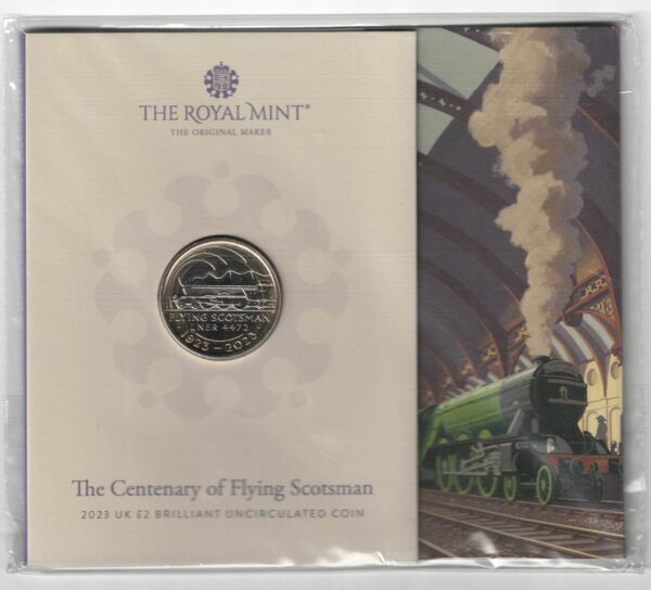 Sealed 2023 Royal Mint Flying Scotsman Two Pound Coin featuring King Charles on the obverse. All coins are in stock for despatch.