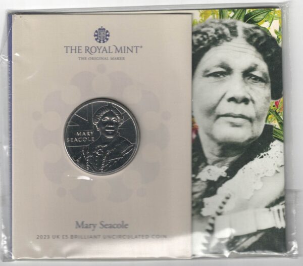 Sealed 2023 Five Pounds Mary Seacole. featuring King Charles III on the Obverse. The reverse features Mary Seacole. All coins are instock.