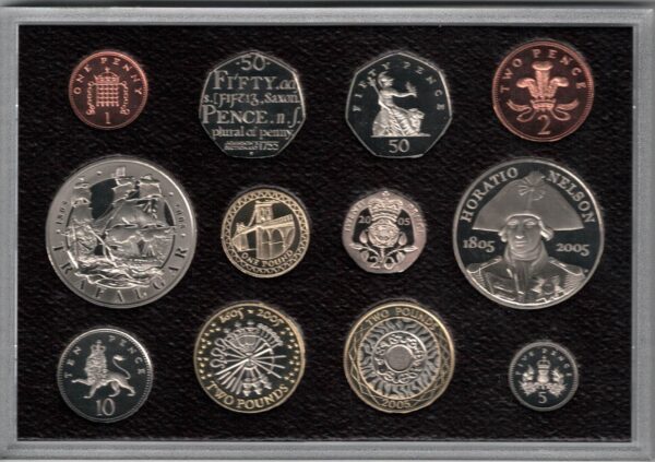 2005 Royal Mint Base Metal Twelve Coin Proof Set . This 2005 set comes with card box. All coins are in stock for despatch.