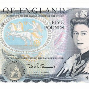 B343 Somerset Five Pounds banknote. Blue-Black on multicolour underprint. The obverse features Elizabeth II. The reverse features Arthur Wellesley.