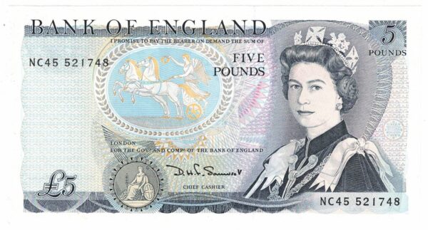 B343 Somerset Five Pounds banknote. Blue-Black on multicolour underprint. The obverse features Elizabeth II. The reverse features Arthur Wellesley.