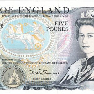 B343 Somerset Five Pounds banknote. Blue-Black on multicolour underprint. The obverse features Elizabeth II. The reverse features Arthur Wellesley.