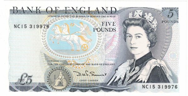 B343 Somerset Five Pounds banknote. Blue-Black on multicolour underprint. The obverse features Elizabeth II. The reverse features Arthur Wellesley.