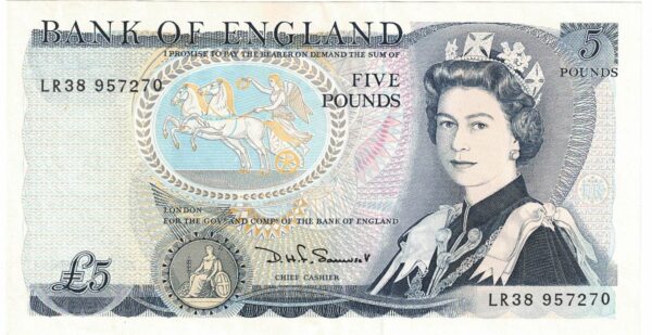 B343 Somerset Five Pounds banknote. Blue-Black on multicolour underprint. The obverse features Elizabeth II. The reverse features Arthur Wellesley.