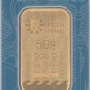 Fifty Gram Gold Bar from the Royal Mint. This bar contains 50 grams of 999.9 fine gold and comes presented in a sealed plastic credit card sized packet.