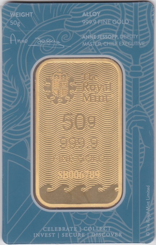 Fifty Gram Gold Bar from the Royal Mint. This bar contains 50 grams of 999.9 fine gold and comes presented in a sealed plastic credit card sized packet.